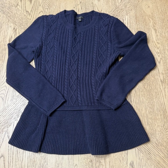 Talbots Sweaters - Talbots Petites Medium Petite Navy Blue Long Sleeve Cable‎ Knit Peplum Sweater